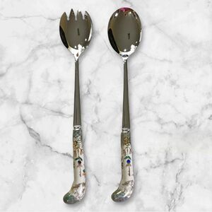 VTG Sheffield England Serving Spoon & Fork Set Porcelain Painted Floral Handles